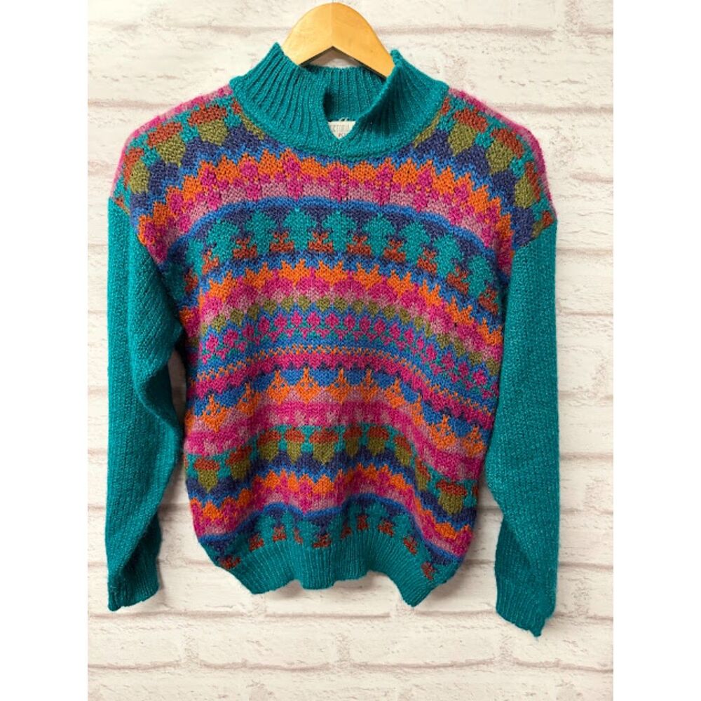 Victoria Jones Petites VTG Sweater Mock Neck Medium Funky 80s 90s Southwestern